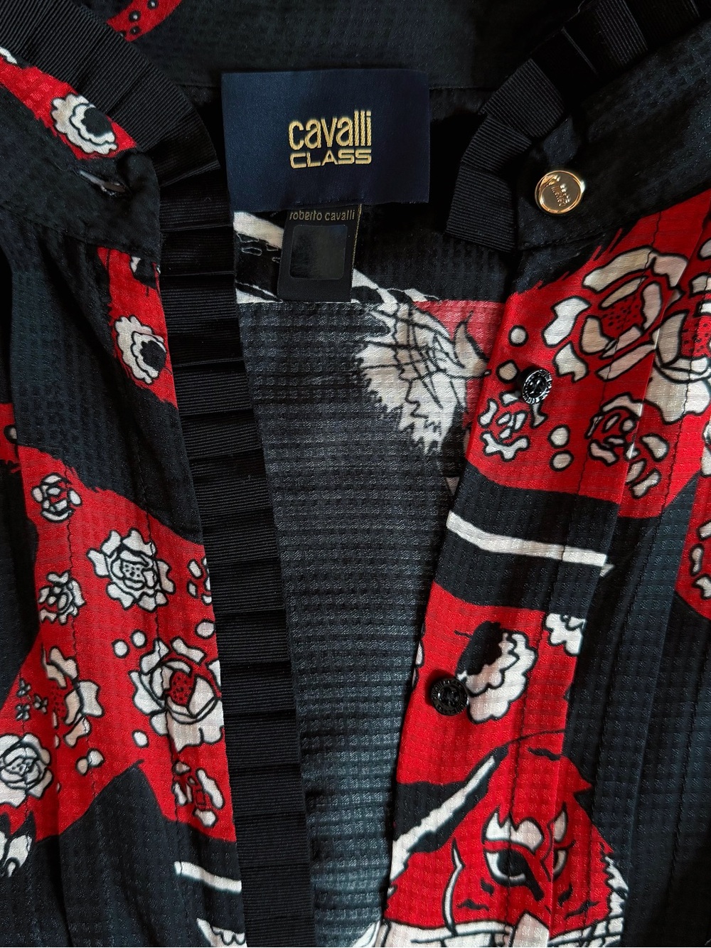 Roberto Cavalli Red, Black & White Printed Long-Sleeve Blouse - Picture 7 of 7